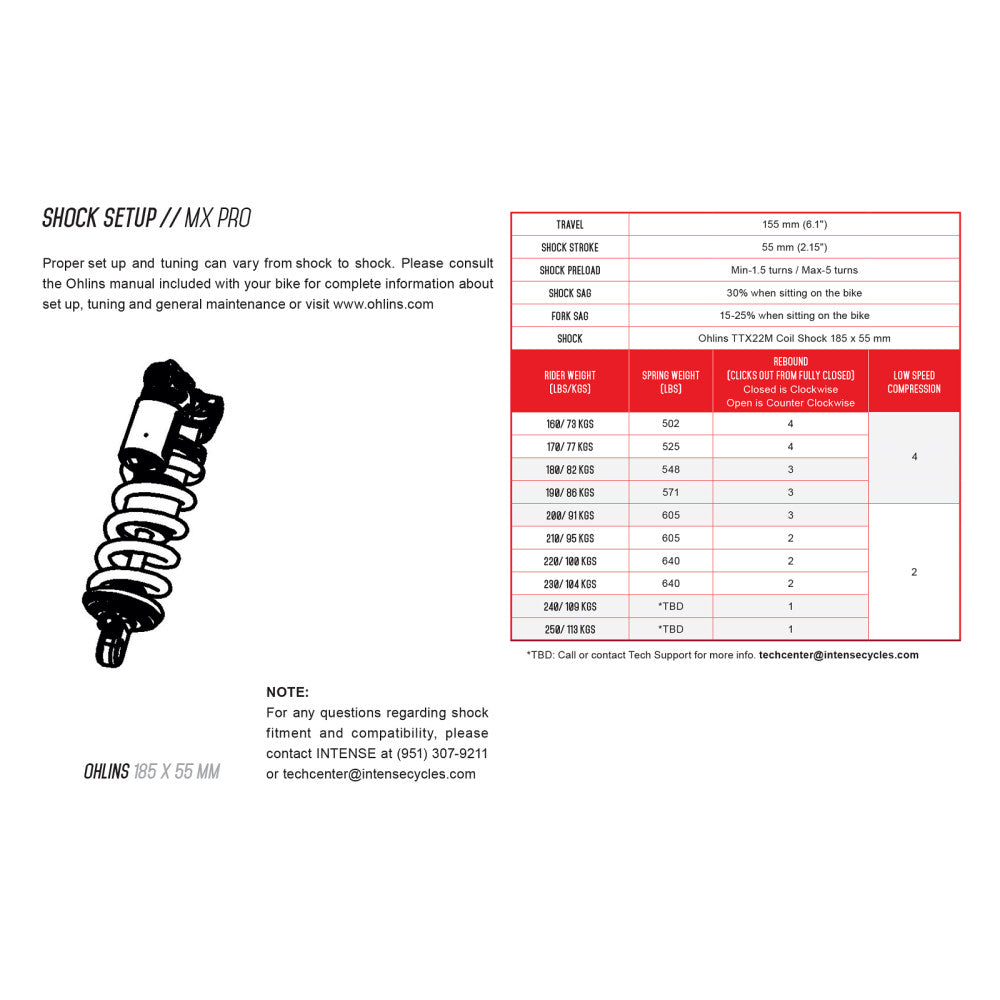 2021 for Intense Tazer MX Pro INTENSE Ohlins Shock Spring 502 lbs 18075-12